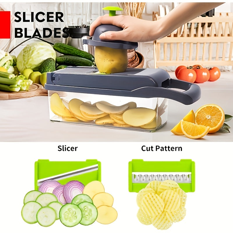 Romeoo 16-in-1 Multi-Purpose Vegetable Slicer & Dicer Set – Manual Food Processor with Container & 8 Blades