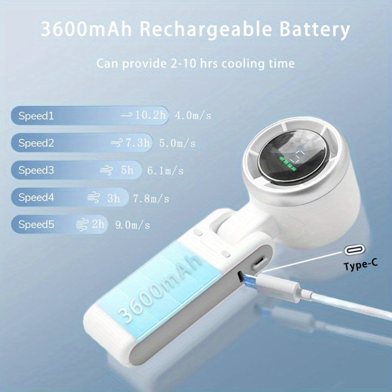 Ultra Powerful Portable Handheld Turbo Fan – 5-Speed USB Rechargeable, 12-Hour Runtime, Foldable & Compact